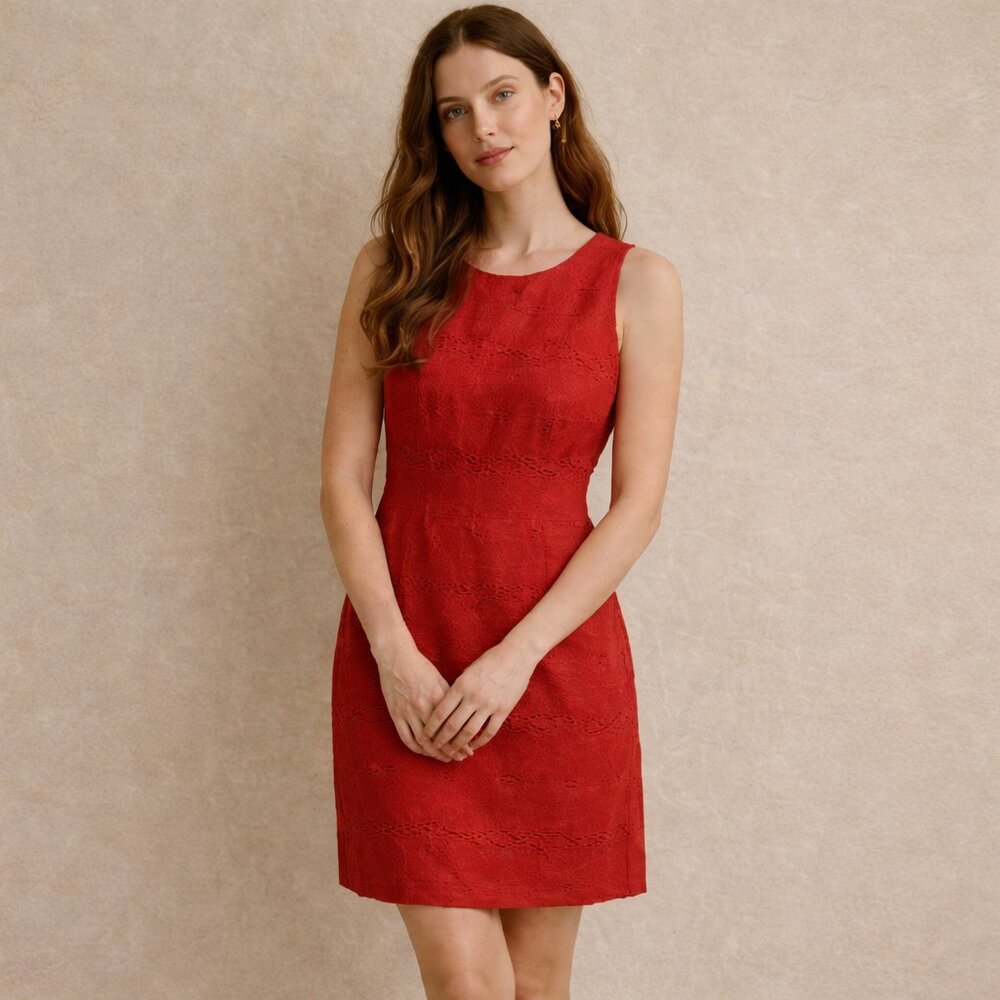 Vintage John Roberts‎ Red Linen Embroidered Dress Women 12P Boho Cottagecore NWT